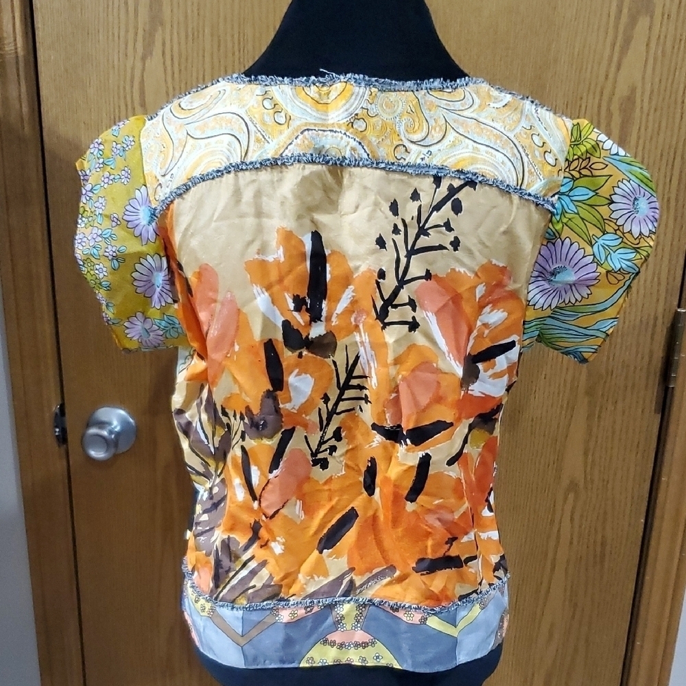 Burning Torch Blue and Orange Graphic Cap Sleeve Blouse - Picture 5 of 8